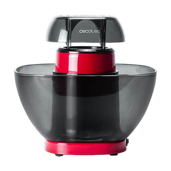Macchina per popcorn nera e rossa con coperchio trasparente e base rossa, su sfondo bianco.
