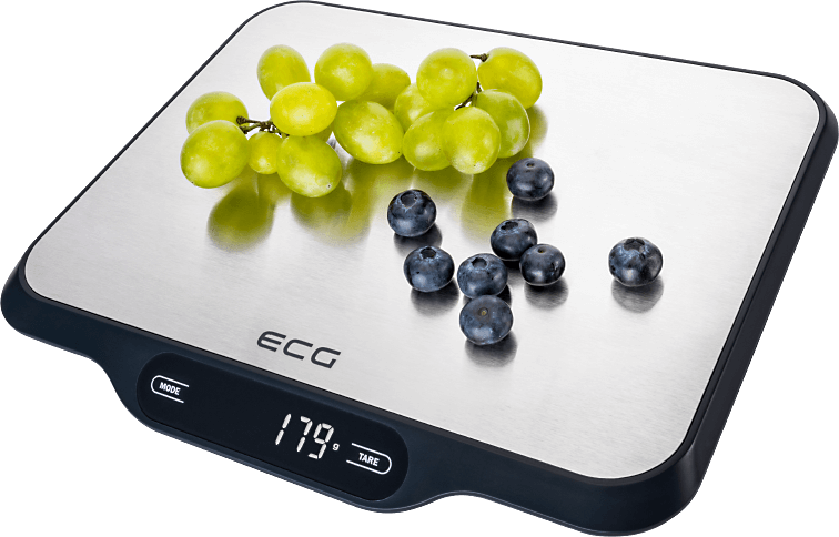 Waga cyfrowa z winogronami i jagodami, wyświetlająca 179 na czarnym tle.