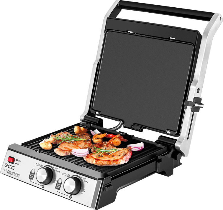 Otwarty grill z gotowanym jedzeniem, w tym mięsem i warzywami.