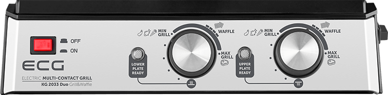 Srebrno-czarny grill wielokontaktowy z pokrętłami do ustawień grill i gofrów. Czerwony przycisk zasilania.