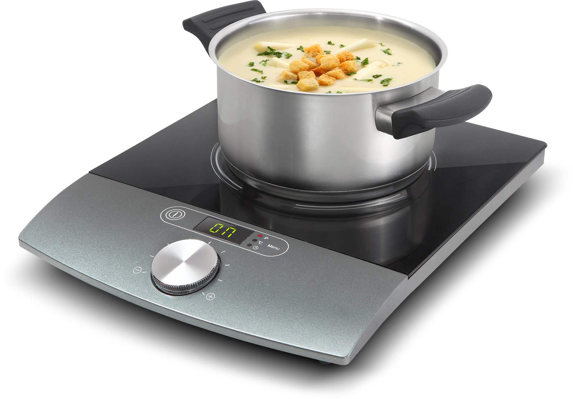 Suppe in einem Topf auf einem grauen und schwarzen Induktionskochfeld.