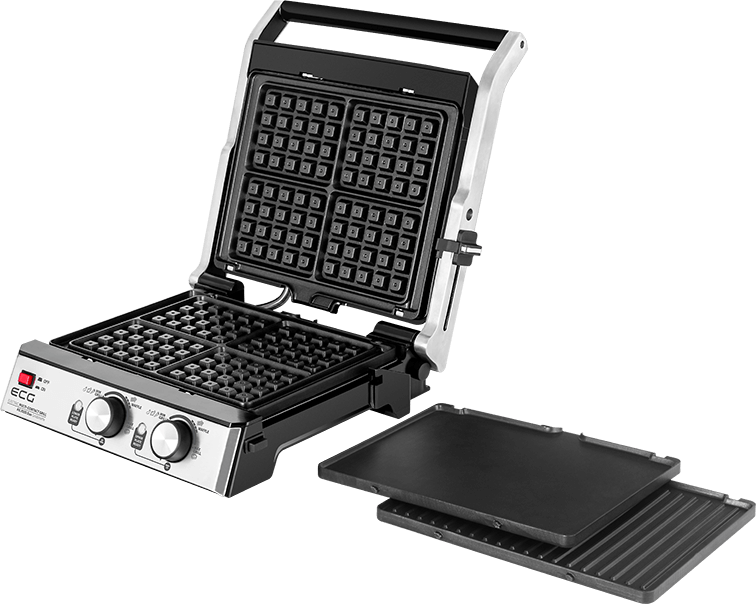 Gofrownica z czarnym gofrem i dodatkowymi płytami. Tło jest czarne.