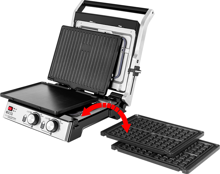 Maszyna do grillowania z płaskimi i gofrownicami. Płyty do gofrów są usunięte.