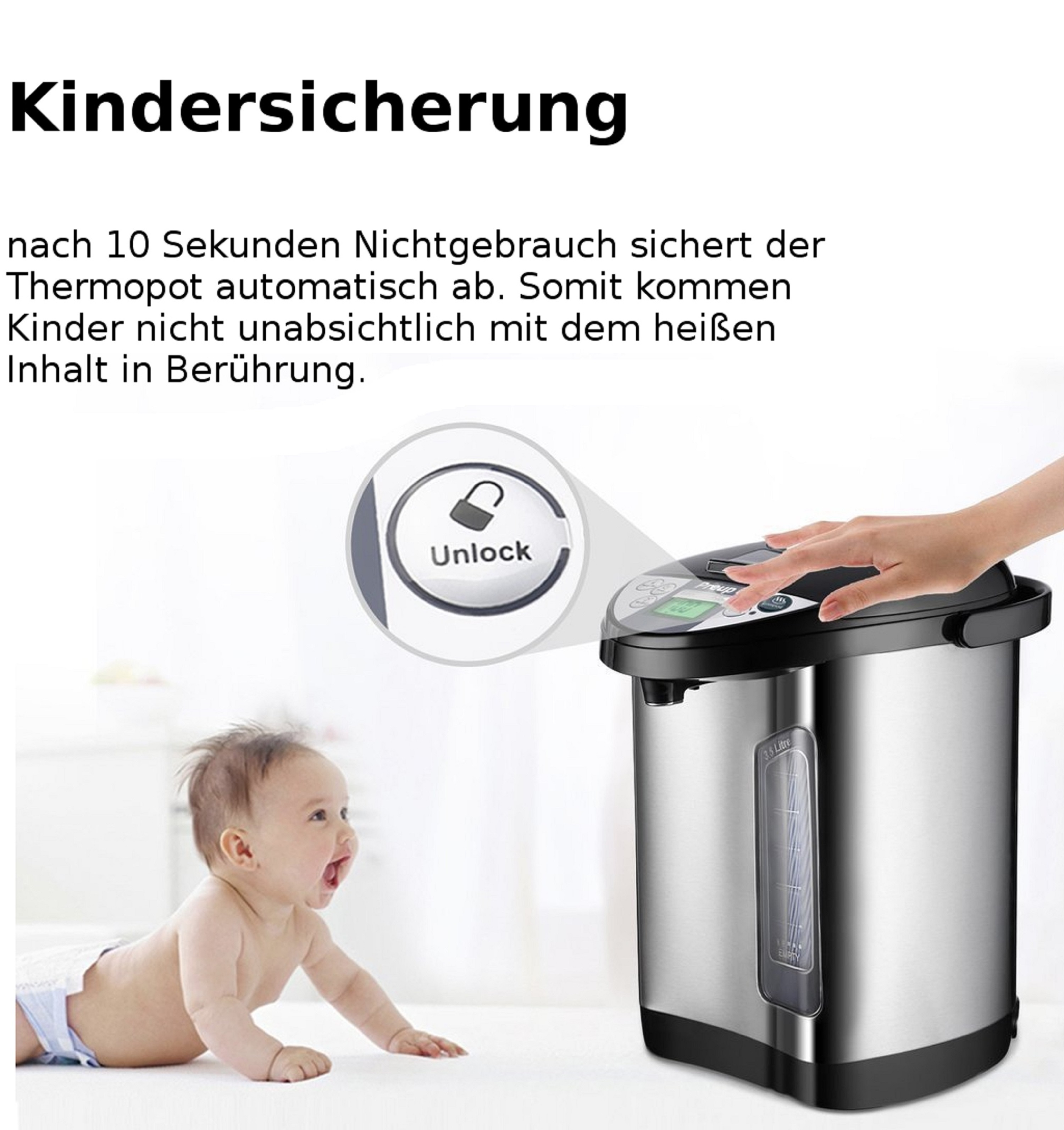 Ein Baby beobachtet einen silbernen Wasserkocher mit Verriegelungsknopf, Hand berührt den Knopf, und Text steht darüber.