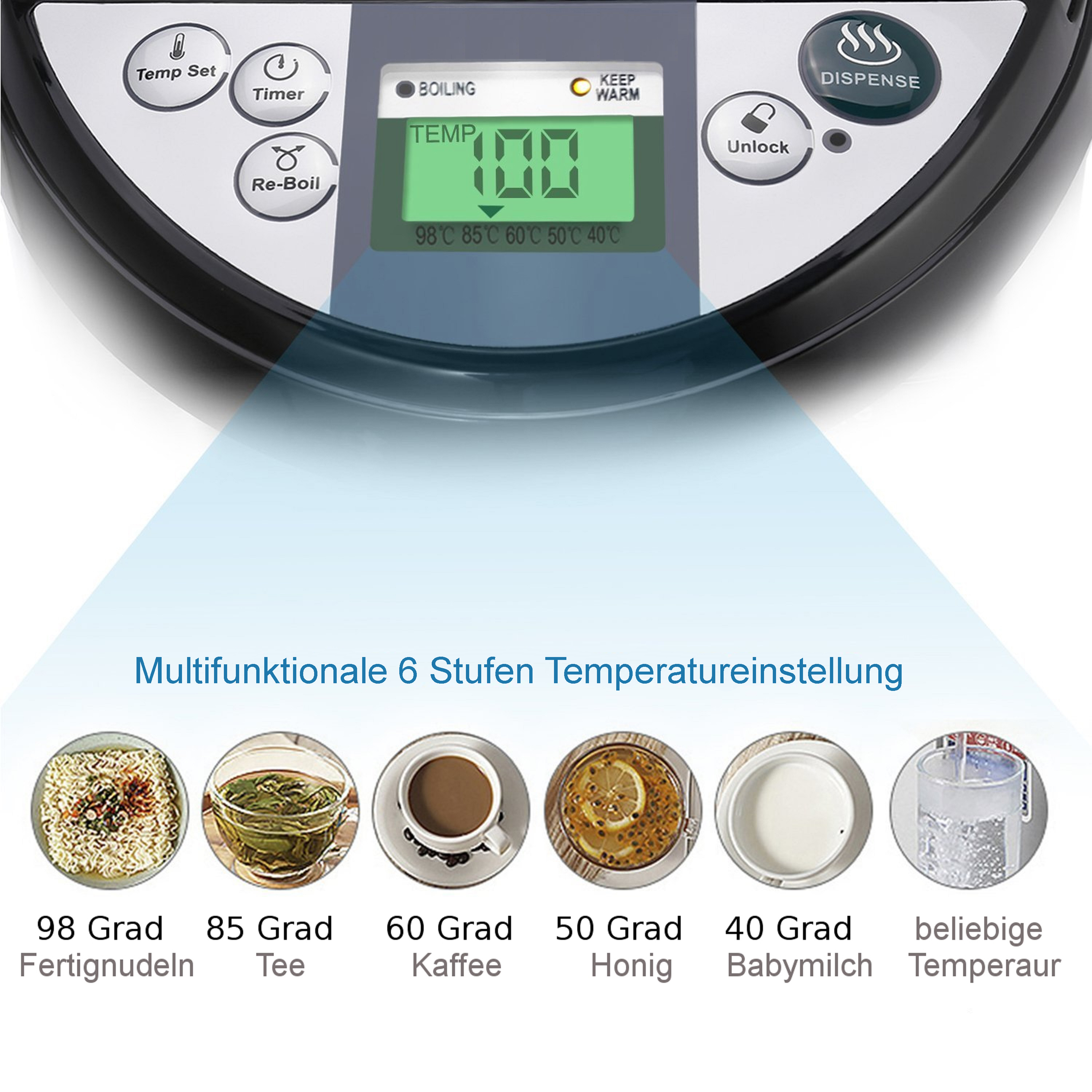 Digitalanzeige mit Temperatureinstellungen für verschiedene Speisen und Getränke.