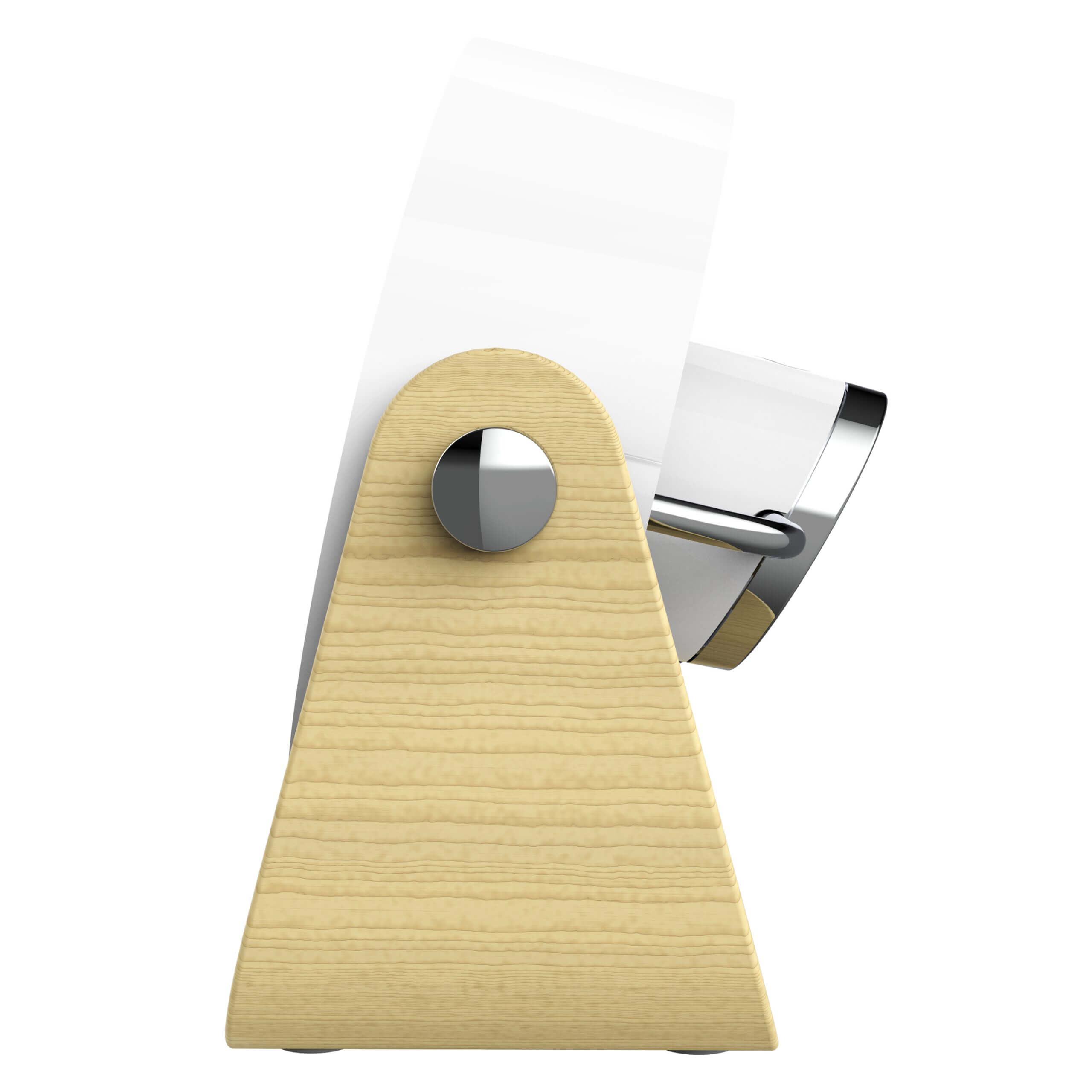 Holz- und weißer Papierhalter, abgewinkelt, mit einer Metallstange, die das Papier hält, vor weißem Hintergrund.