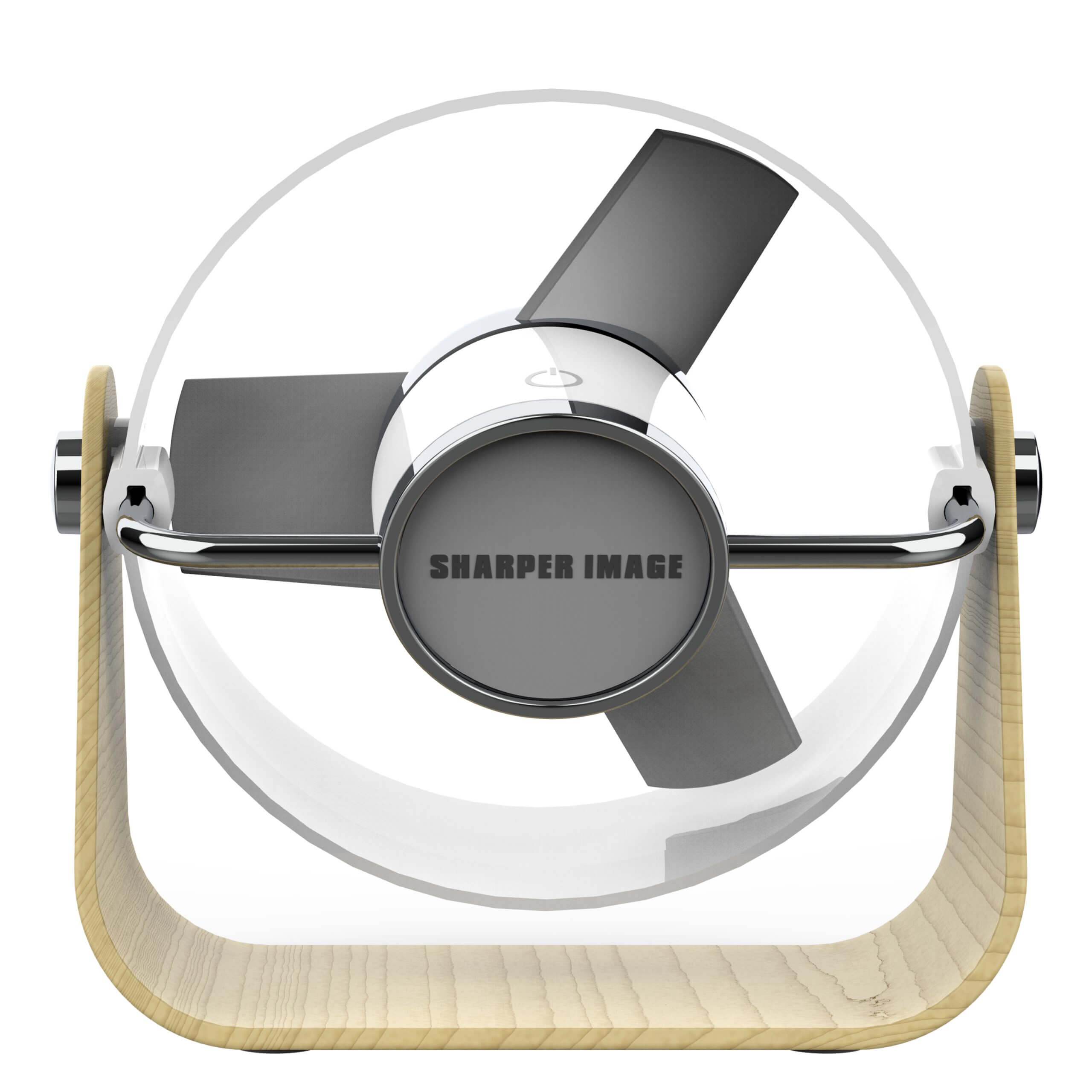Ein 'Sharper Image' Ventilator mit klarem, kreisförmigem Körper und Holzsockel. Graue Flügel und ein weißes Zentrum.