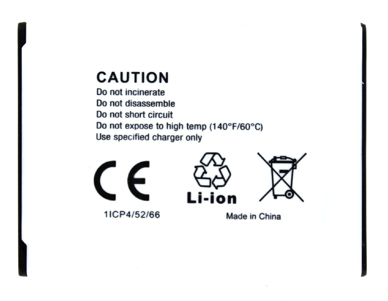 Weißes Batterieetikett mit Warnhinweisen. Enthält CE- und Li-Ion-Symbole sowie Anweisungen, nicht zu verbrennen usw. Made in China.