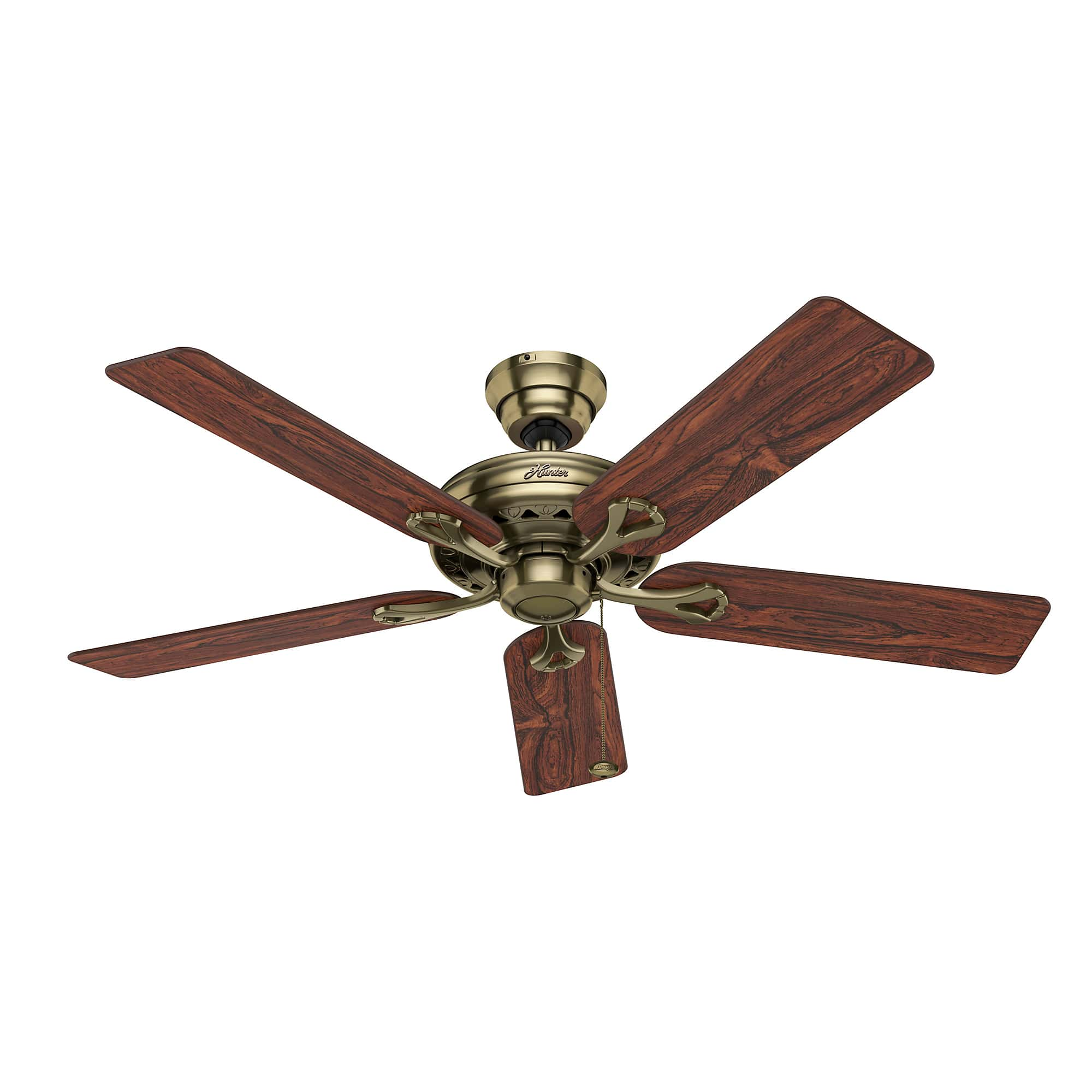Ein Deckenventilator mit fünf Holzflügeln und einem bronzefarbenen Motorgehäuse.