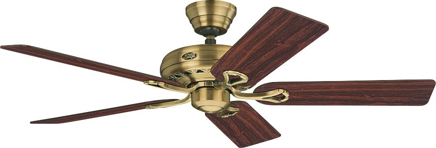 Goldfarbener Deckenventilator mit dunklen Holzflügeln, an einer weißen Decke montiert.