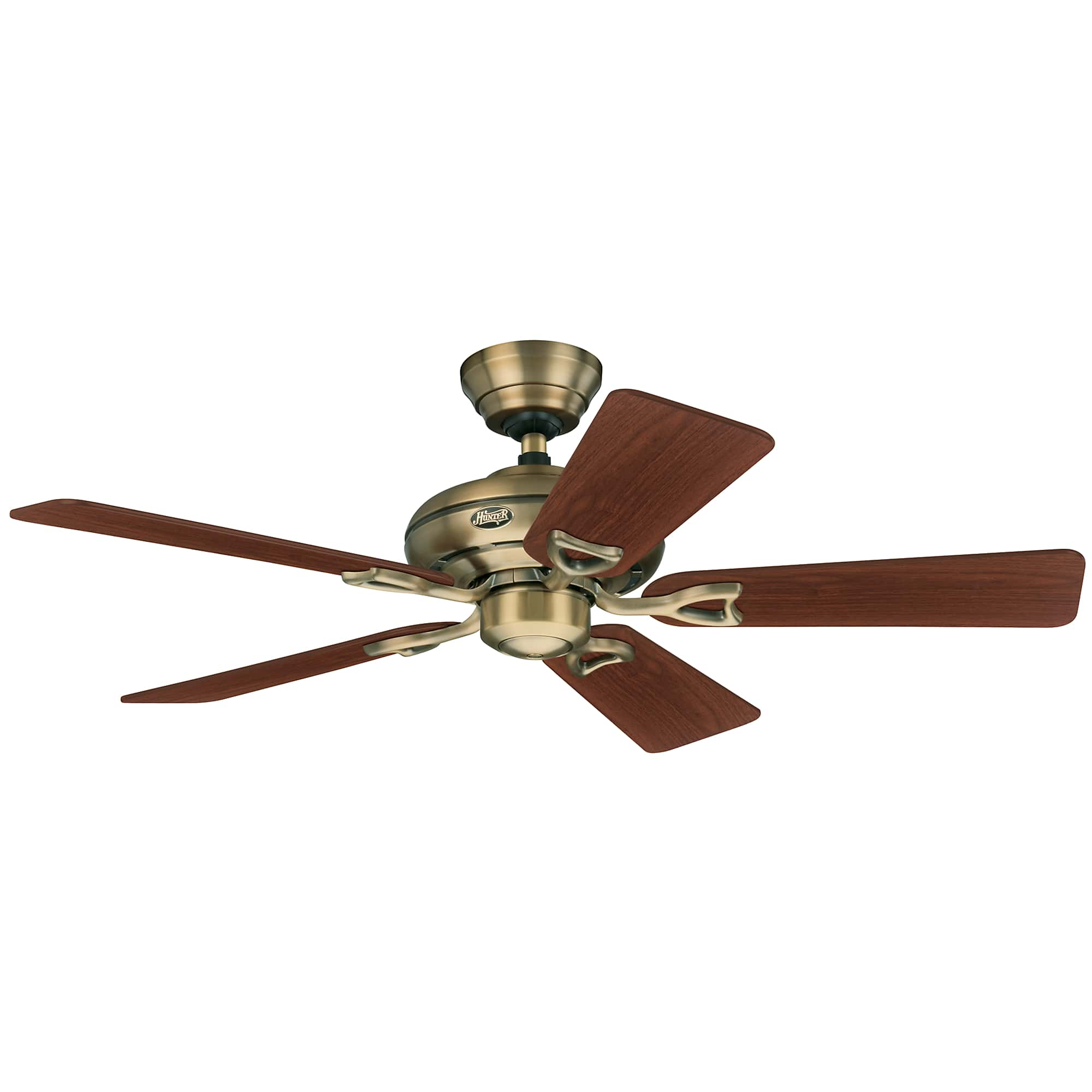 Ein Deckenventilator mit fünf braunen Flügeln und messingfarbenem Motorgehäuse.
