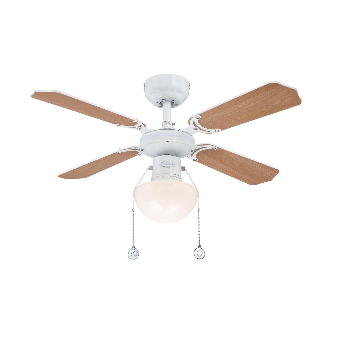 Deckenventilator mit fünf Holzblättern und einer weißen Leuchte mit zwei Zügen.