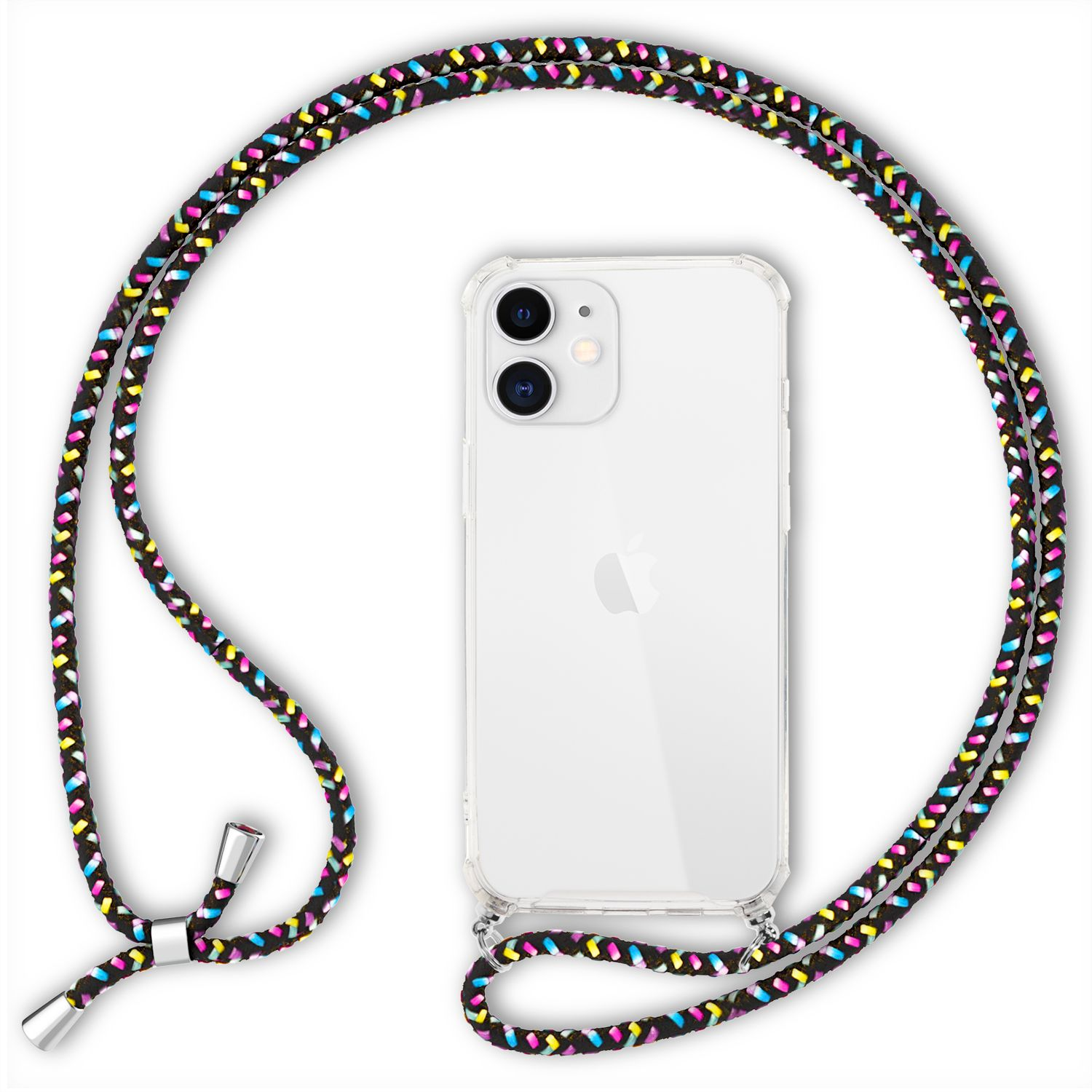 Una funda transparente para teléfono con teléfono y cordón colorido. Fondo blanco.