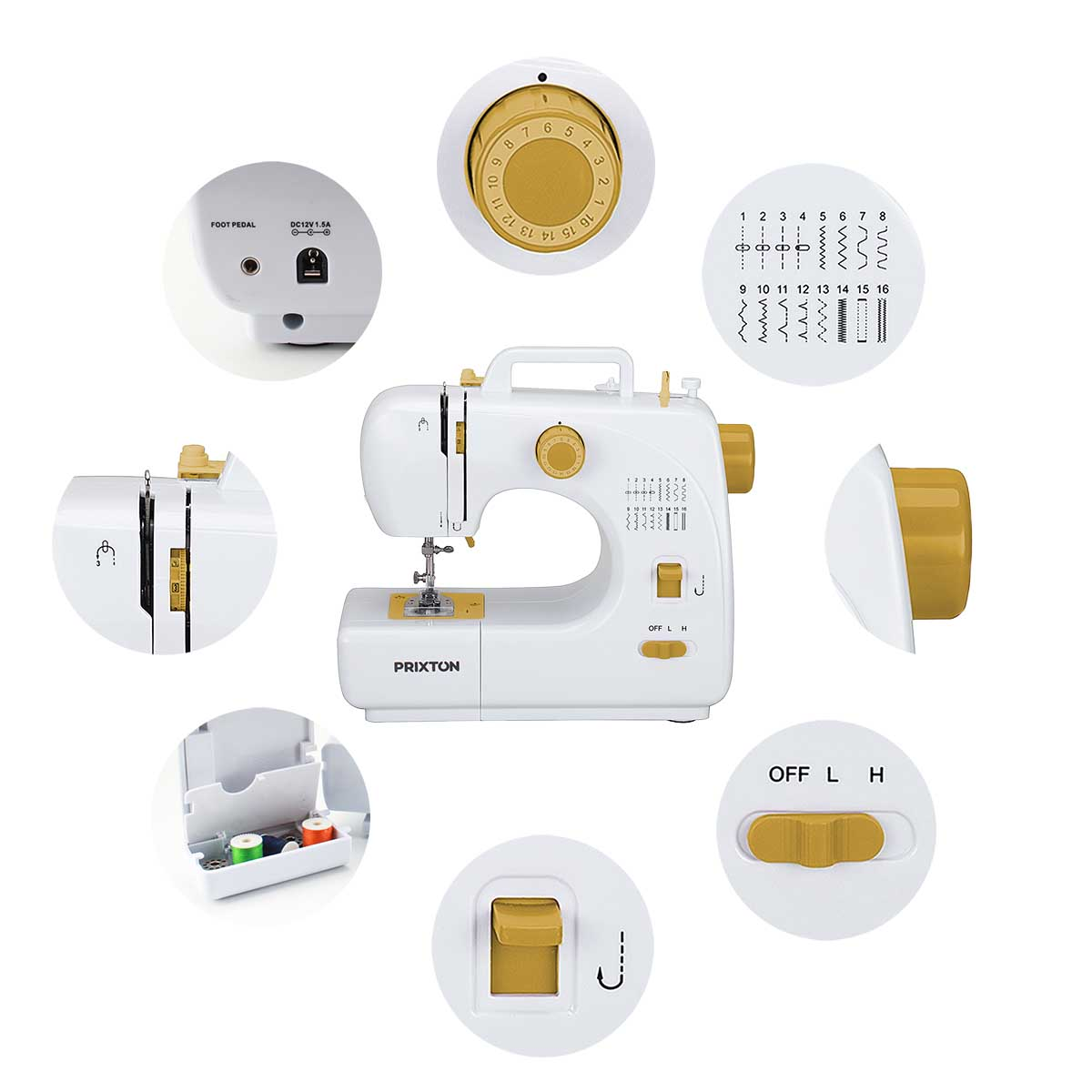 Biała maszyna do szycia ze złotymi akcentami, pokazana z wielu kątów, i pedał nożny.