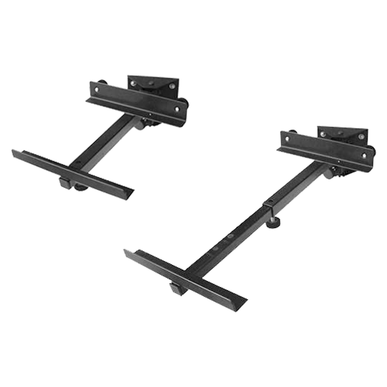Zwei schwarze Metall-Monitorhalterungen. Sie haben verstellbare Arme und Montageplatten. Der Hintergrund ist weiß.