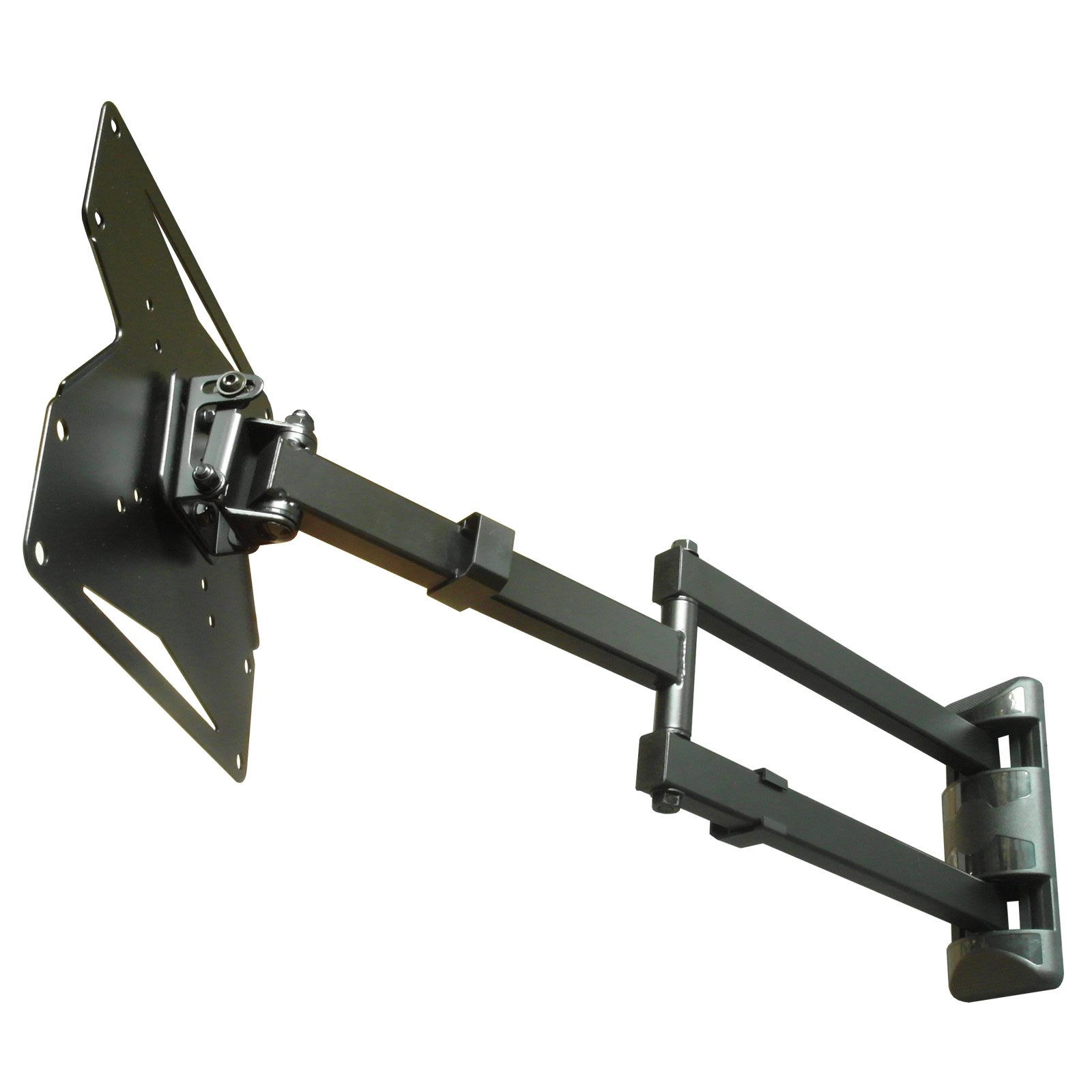 Schwarze TV-Halterung mit verstellbarem Arm, vor weißem Hintergrund. Der Arm kann ausfahren und sich drehen.