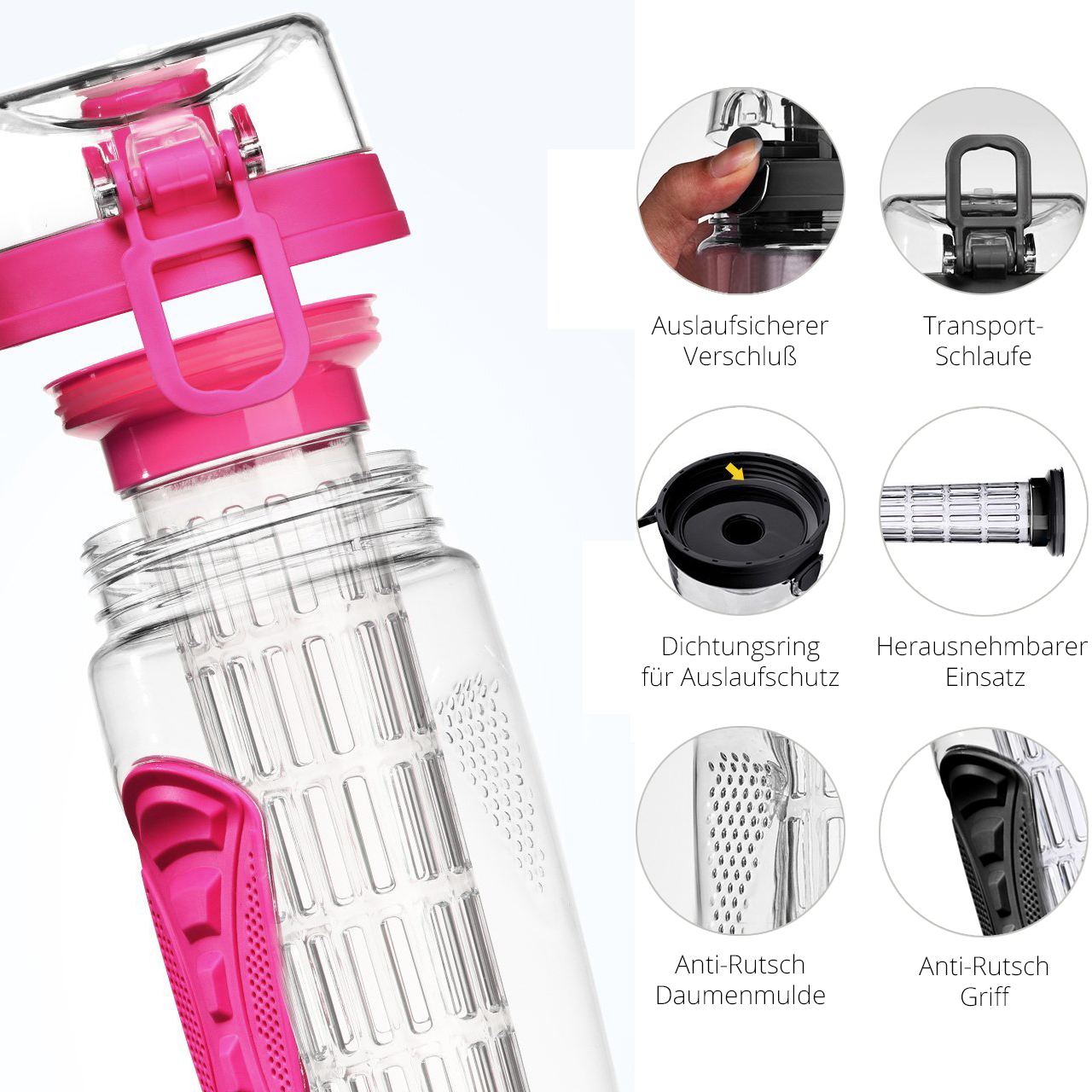 Transparente Wasserflasche mit rosa Details. Merkmale sind ein rosa Deckel und ein Fruchteinsatz.