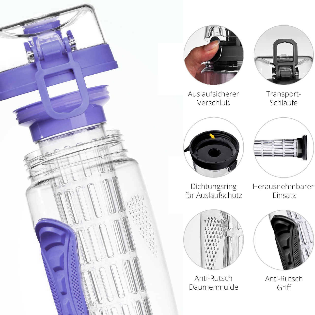 Transparente Wasserflasche mit lila Deckel und Akzenten. Mehrere Nahaufnahmen von Flaschenkomponenten.