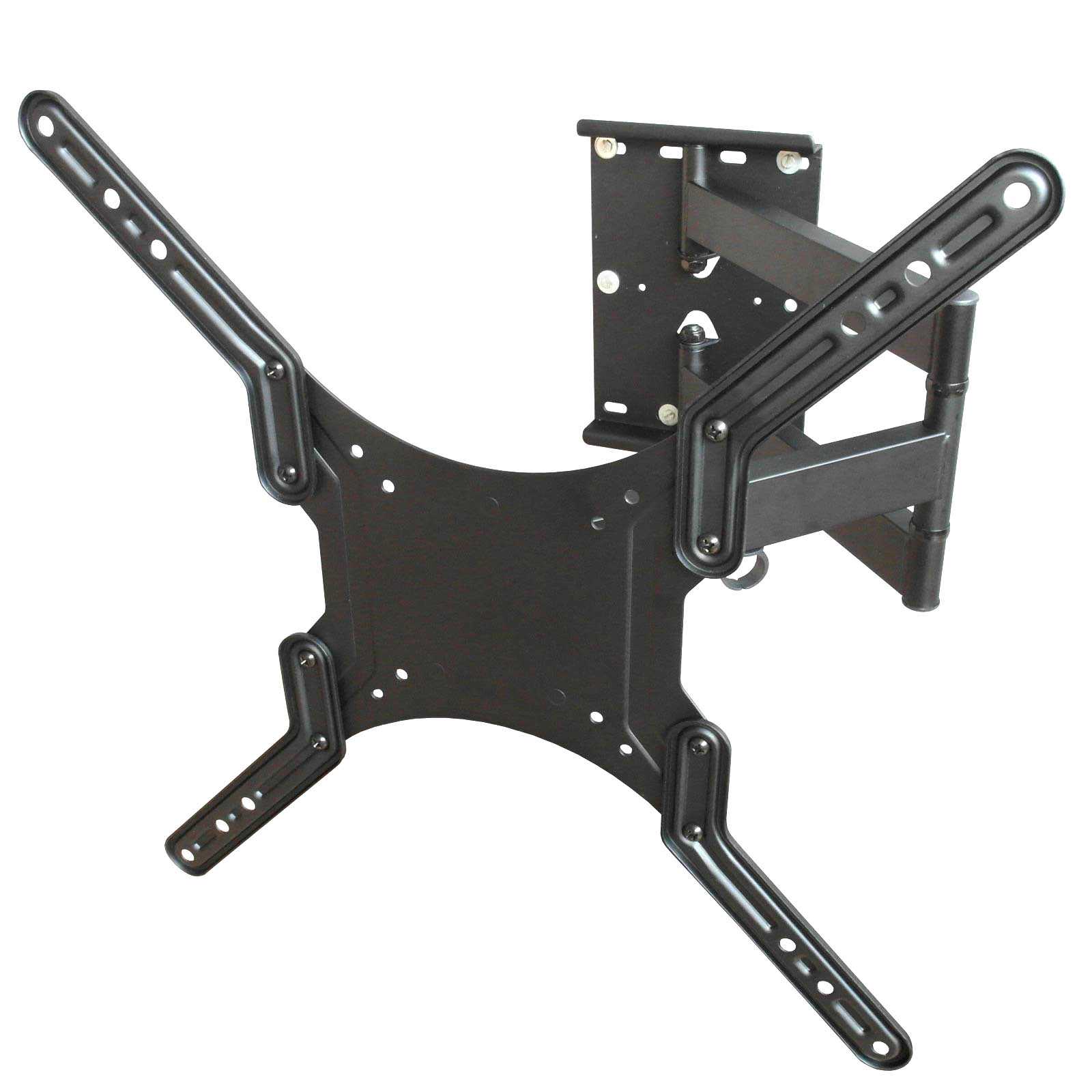 Eine schwarze TV-Wandhalterung mit mehreren Armen und Befestigungspunkten, isoliert auf weißem Hintergrund.