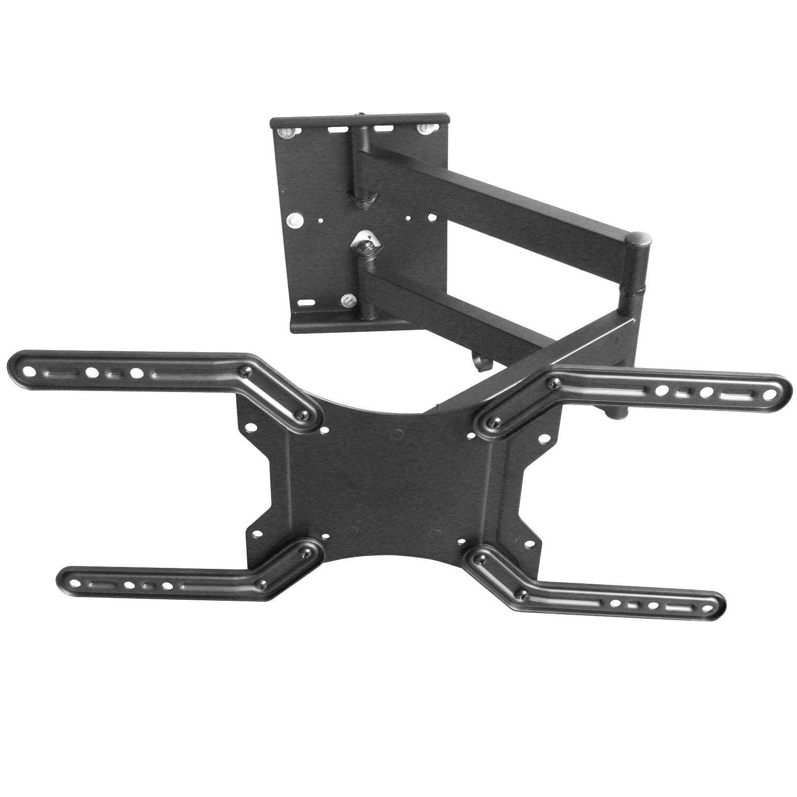 Schwarze TV-Halterung. Metallhalterung mit mehreren Armen und Befestigungslöchern.