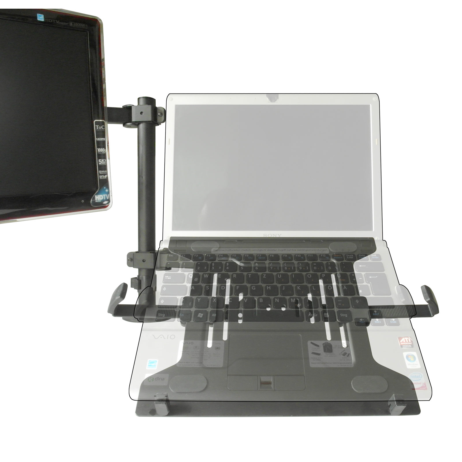 Laptop von einem schwarzen Ständer gehalten, mit Monitor an der Seite.