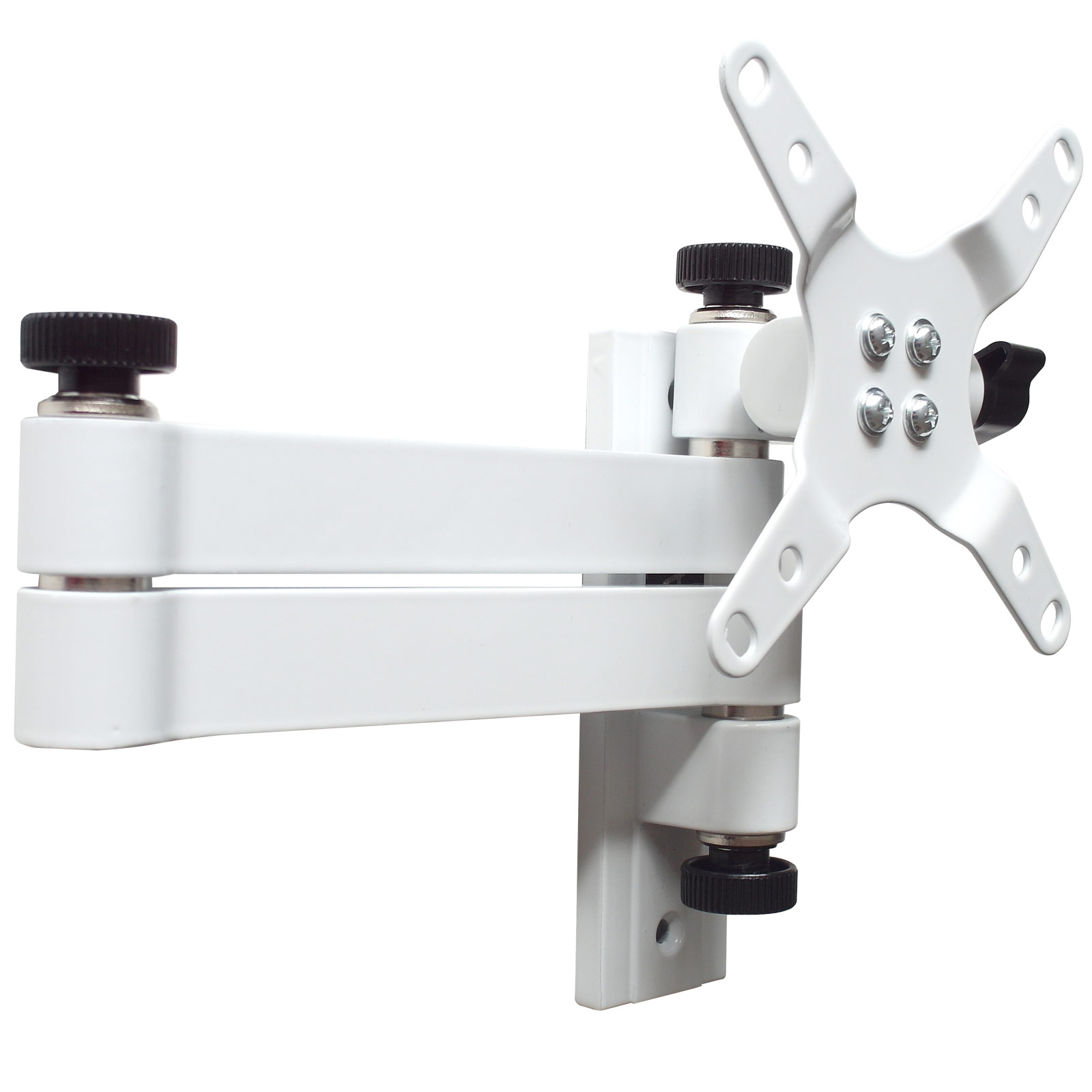Weißer Monitorarm. Verstellbarer Arm mit schwarzen Knöpfen. Weißer Hintergrund.