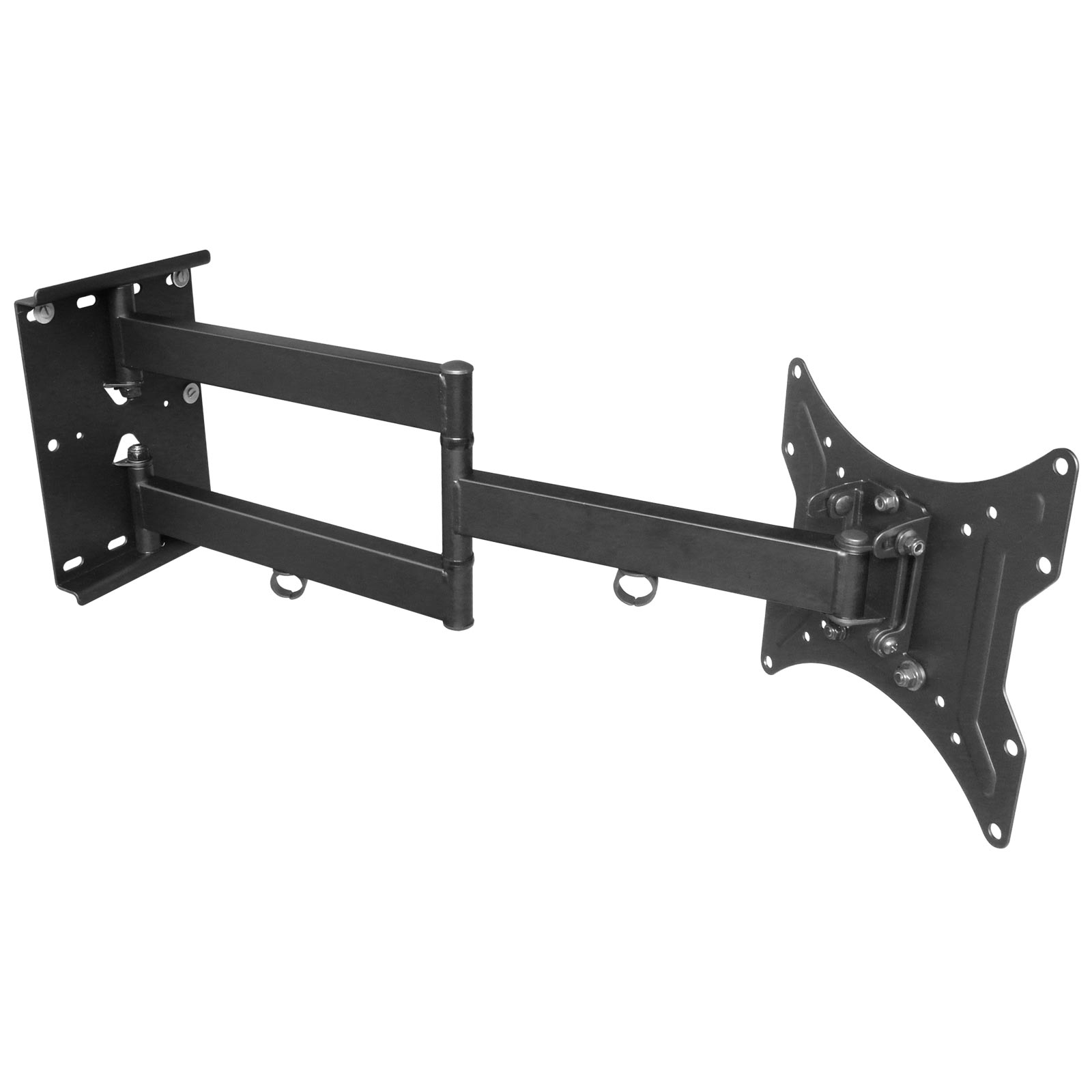 Eine schwarze TV-Wandhalterung mit mehreren Armen und Montageplatten, für einstellbare Positionierung.