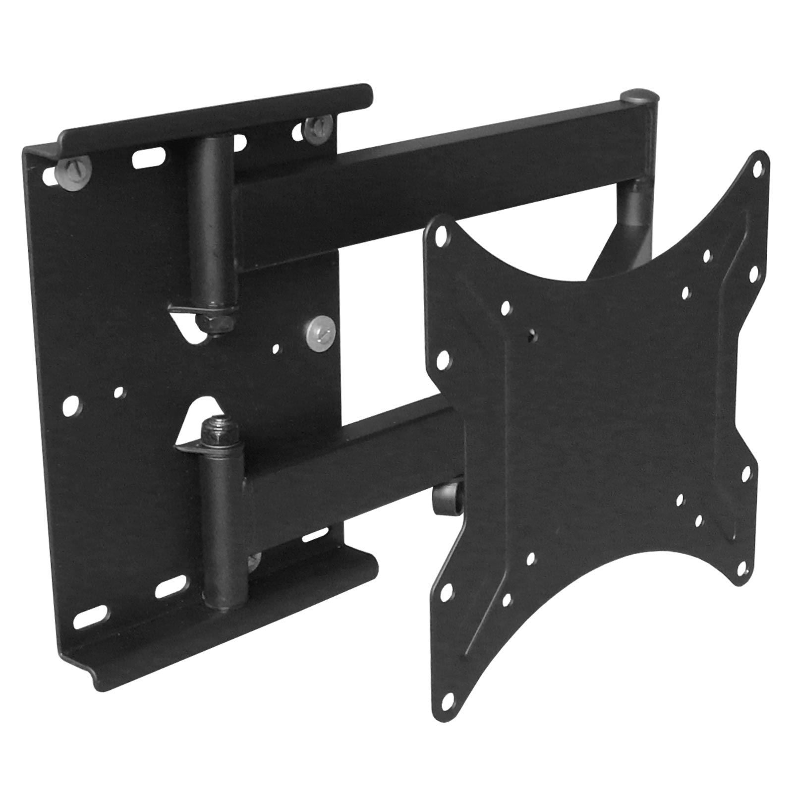 Schwarze TV-Wandhalterung, Metall, verstellbar mit mehreren Löchern für verschiedene TVs.