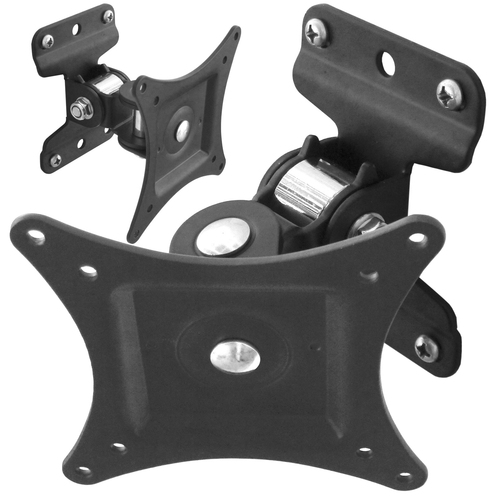 Drei schwarze Monitorhalterungen mit sternförmigem Design. Sie sind auf weißem Hintergrund.
