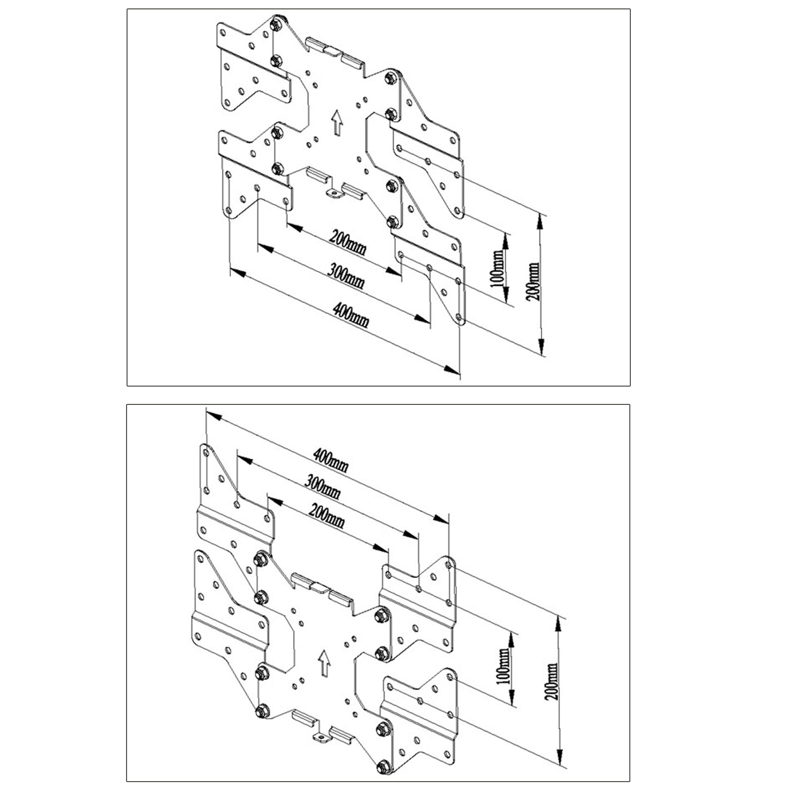 Diagramm der TV-Halterungs-Rückplatten. Die Abmessungen sind in Millimetern angegeben, die Schraubenlochpositionen werden gezeigt.