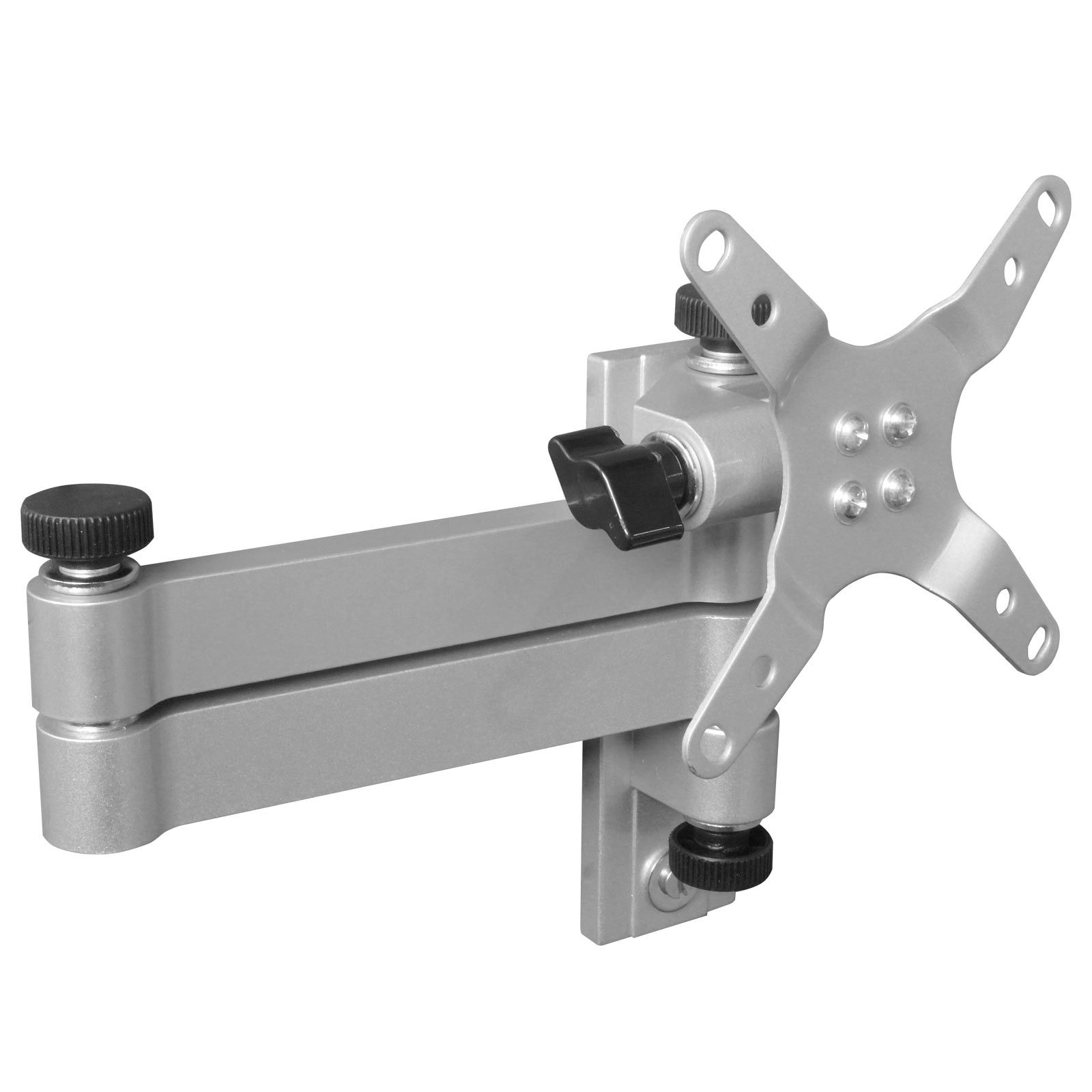 Eine silberne Monitorhalterung mit verstellbarem Arm und einem schwarzen Knopf auf weißem Hintergrund.