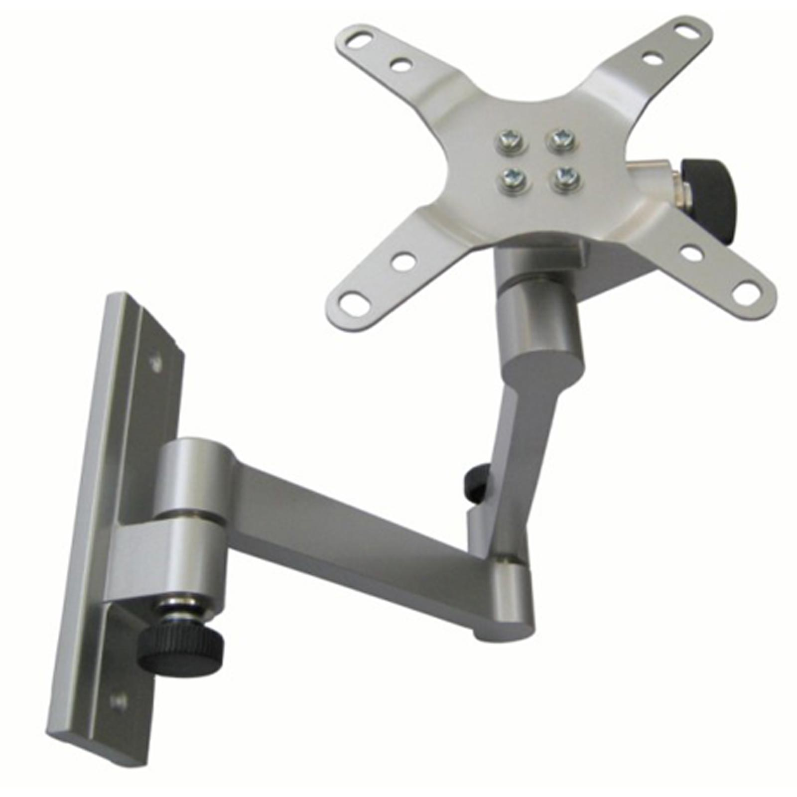 Silberne Monitorarmhalterung mit Wandplatte und schwenkbarem Arm. Es ist auf weißem Hintergrund.