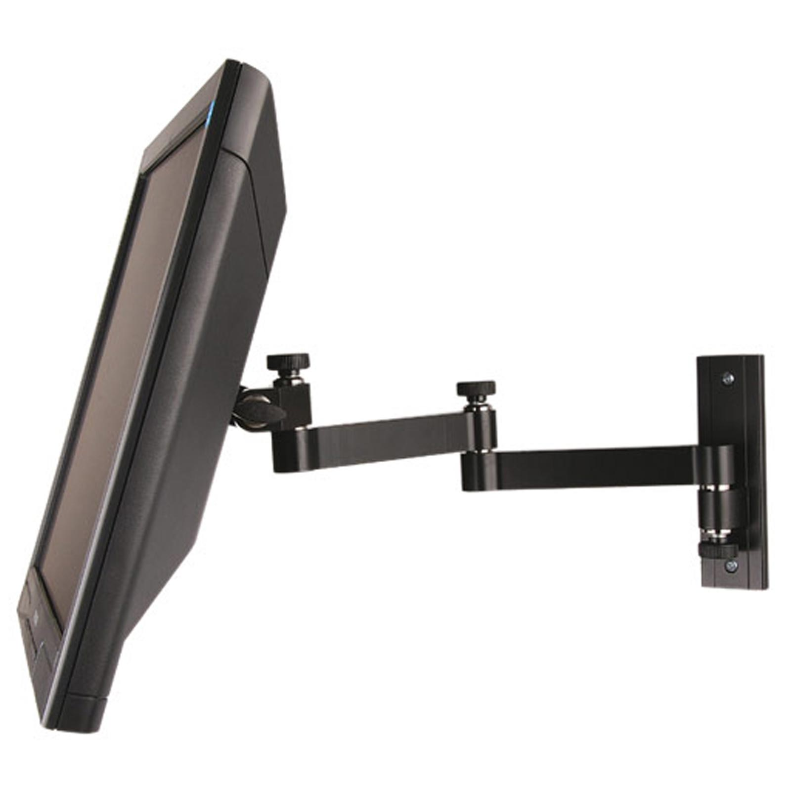 Schwarzer Monitor an einem schwarzen Arm, an einer Wand befestigt. Weißer Hintergrund.