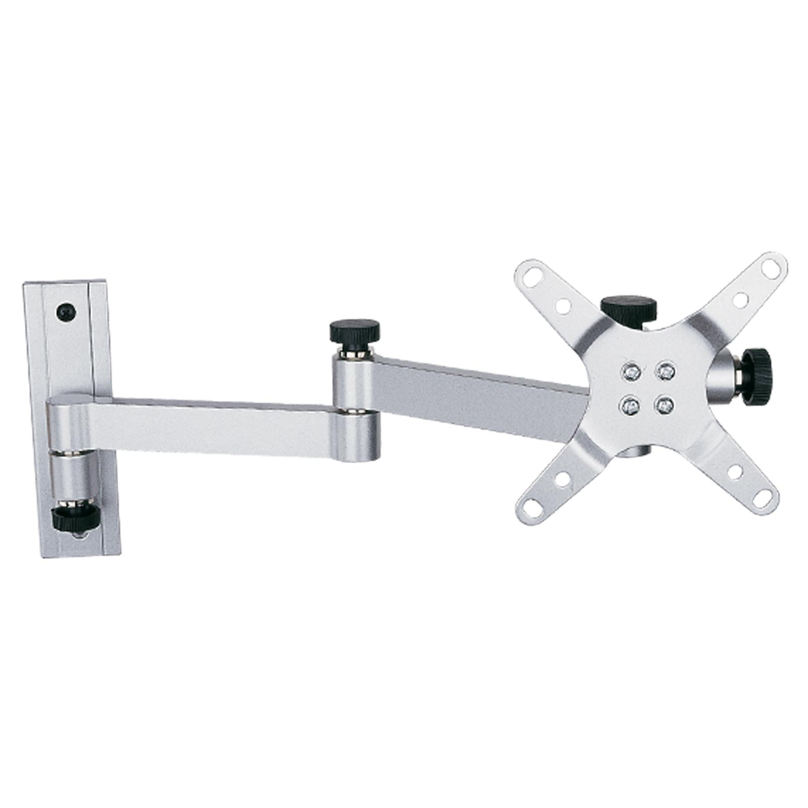 Silberner Monitorarm an der Wand, mit verstellbaren Gelenken und VESA-Halterung.