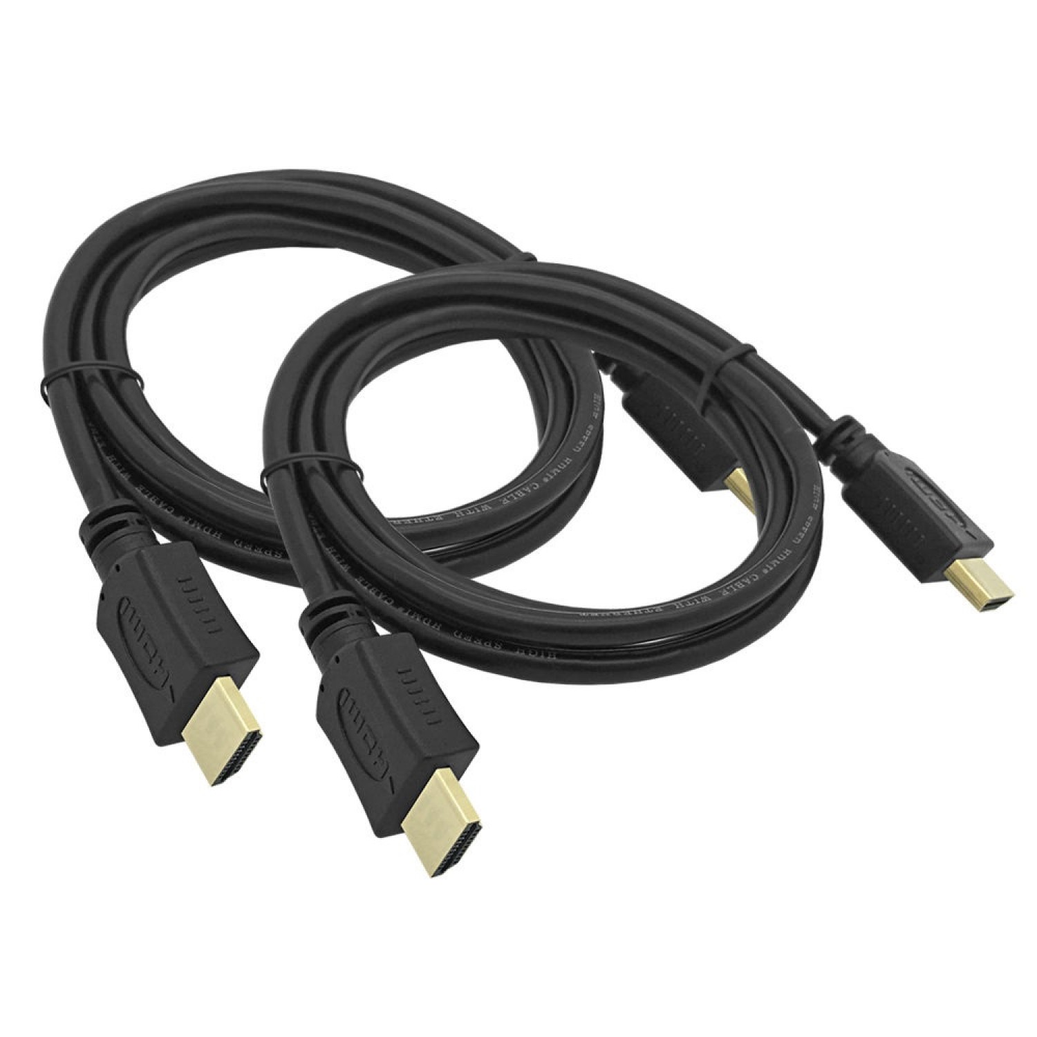 Zwei schwarze HDMI-Kabel mit Anschlüssen. Die Kabel sind aufgerollt und einsatzbereit.