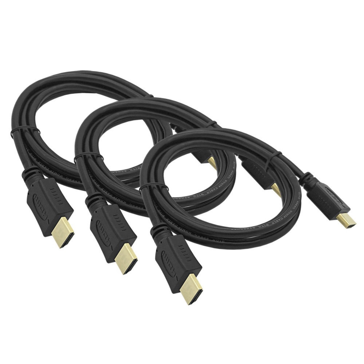 Drei schwarze HDMI-Kabel mit Goldsteckern sind auf einer weißen Oberfläche angeordnet.