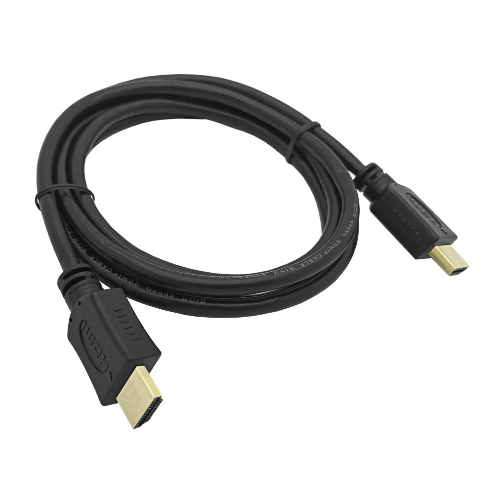 Schwarzes HDMI-Kabel mit Anschlüssen auf weißem Hintergrund, Schrägansicht.