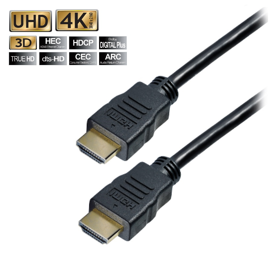 Zwei schwarze HDMI-Kabel mit Goldsteckern. Oben verschiedene Logos zur Videoqualität.