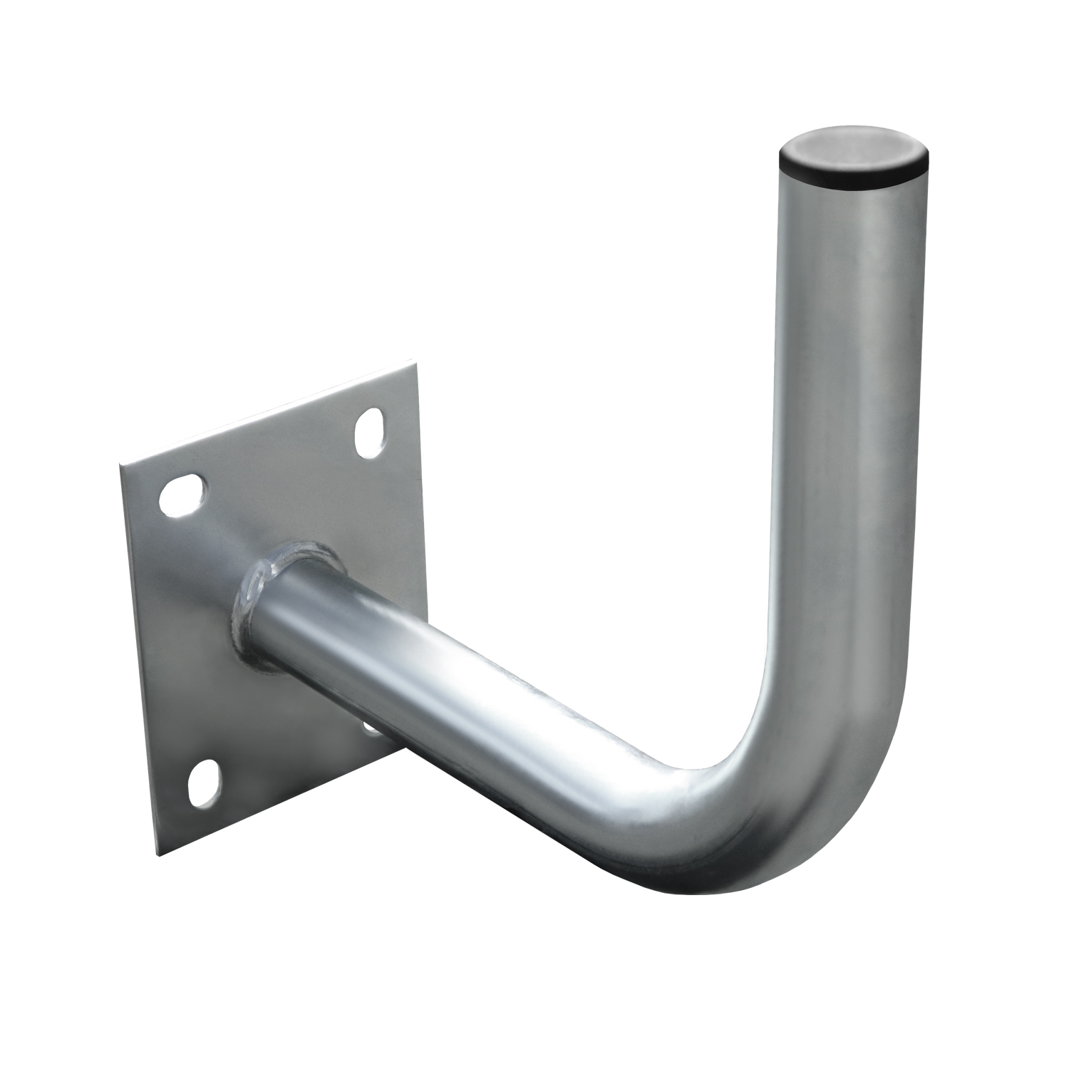 Silberner Metallbügel, J-förmig mit quadratischer Basis, isoliert auf Weiß.