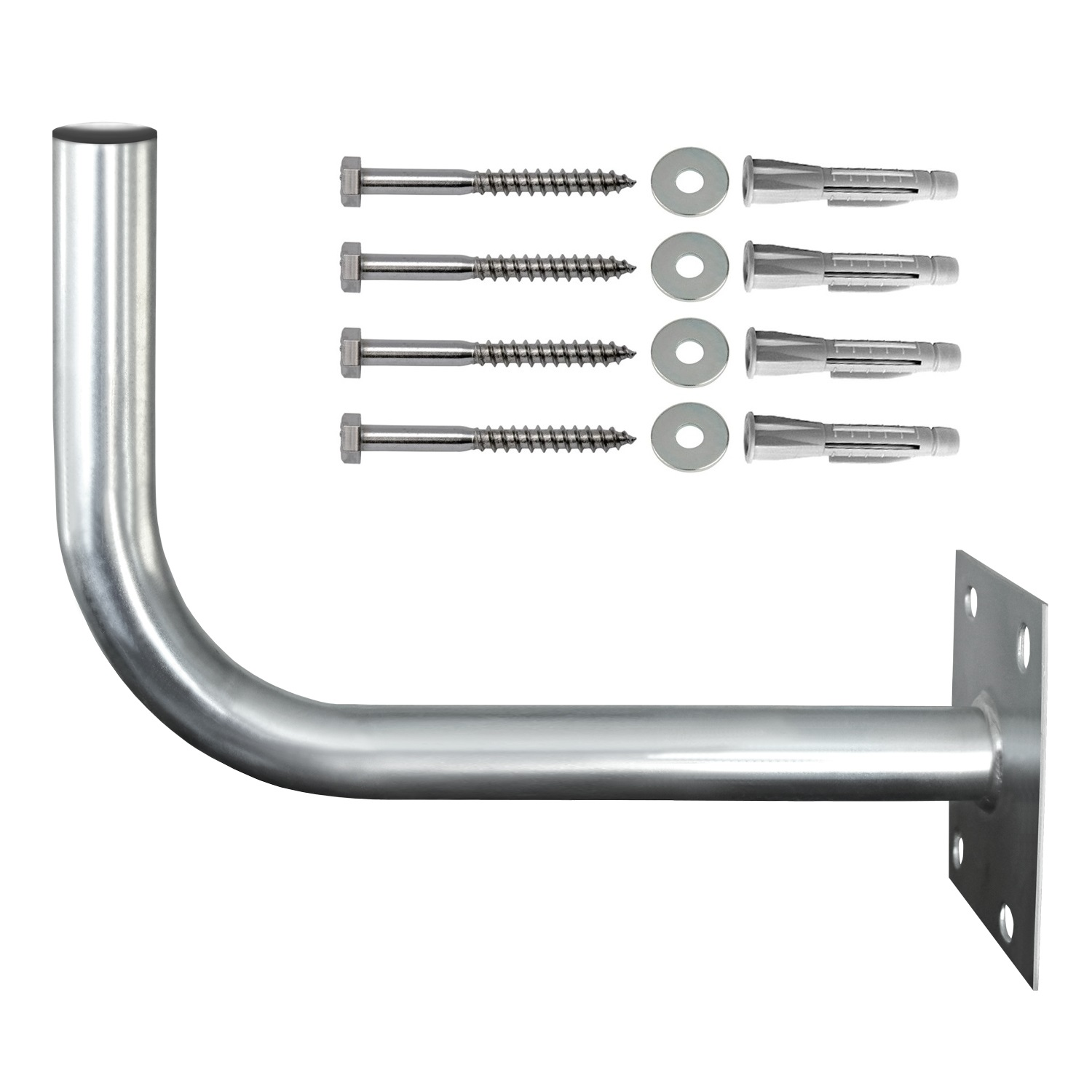 Metall gebogener Arm mit Montageplatte, Schrauben, Unterlegscheiben und Wandankern, auf Weiß.