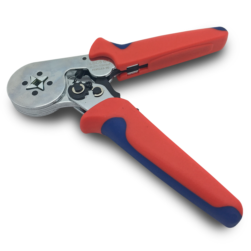 Rot-blaues Crimpwerkzeug. Metallkopf, rote und blaue Griffe.