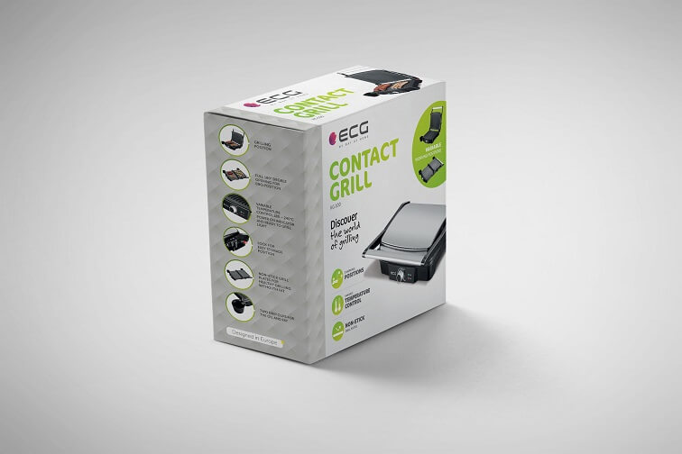 Box eines Kontaktgrills, mit Bildern und Text über seine Eigenschaften und sein Design.