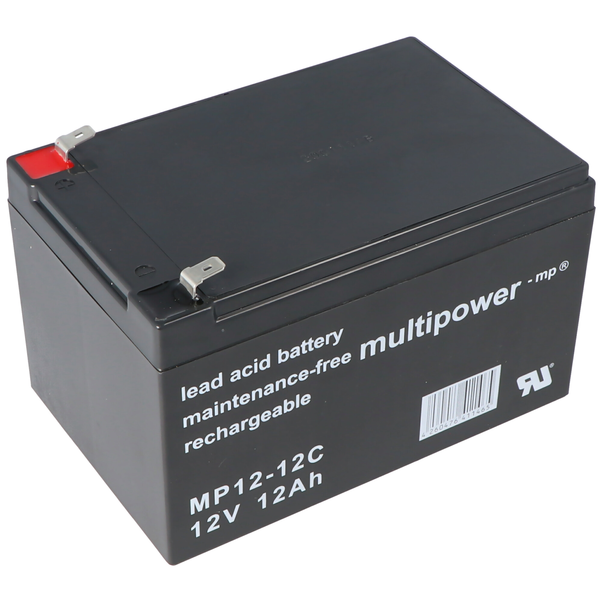 Schwarze rechteckige Batterie mit Text. Es ist eine wiederaufladbare Bleisäurebatterie.