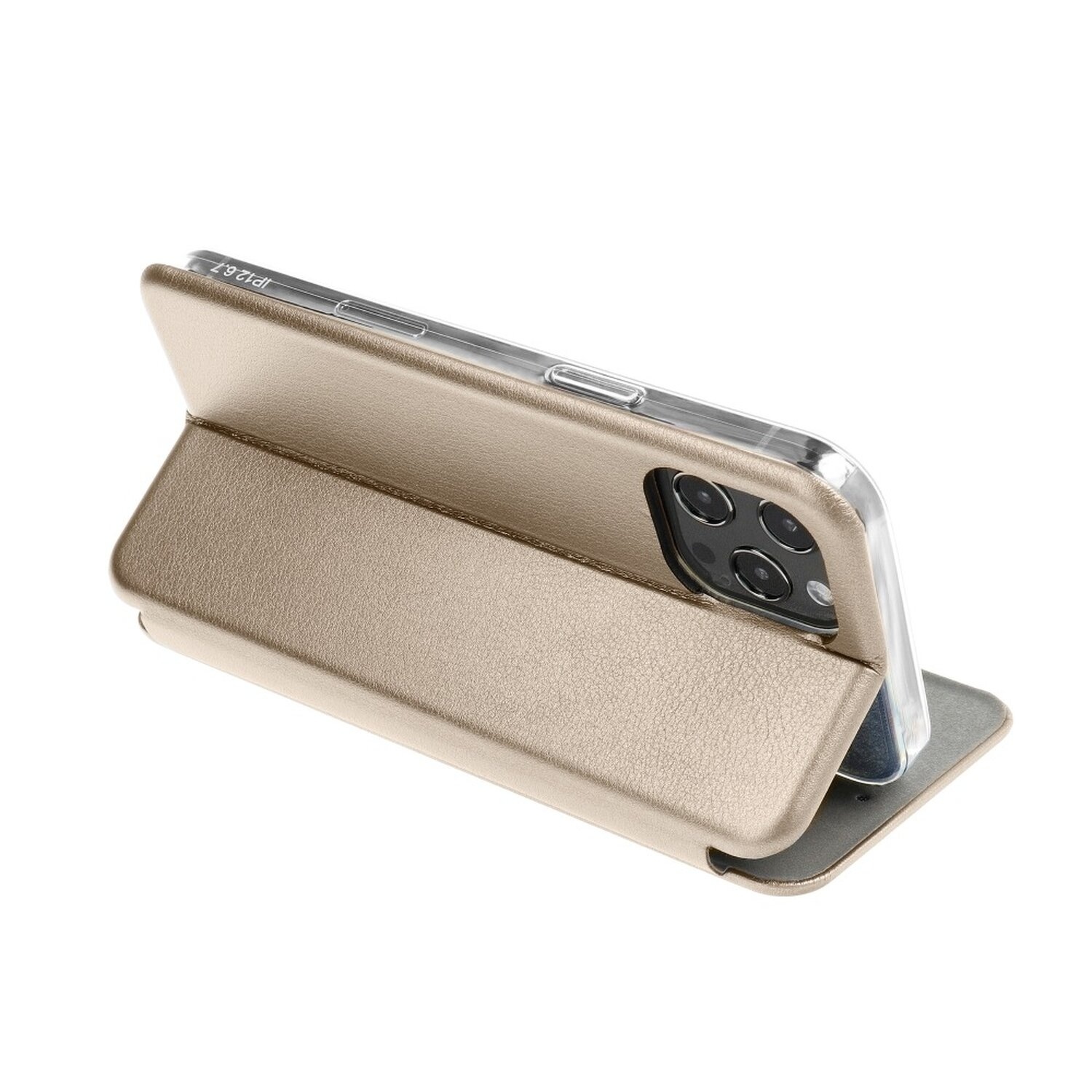 Eine goldene Handyhülle, die geöffnet ist, um ein Telefon freizugeben. Das Telefon hat mehrere Rückkameras.