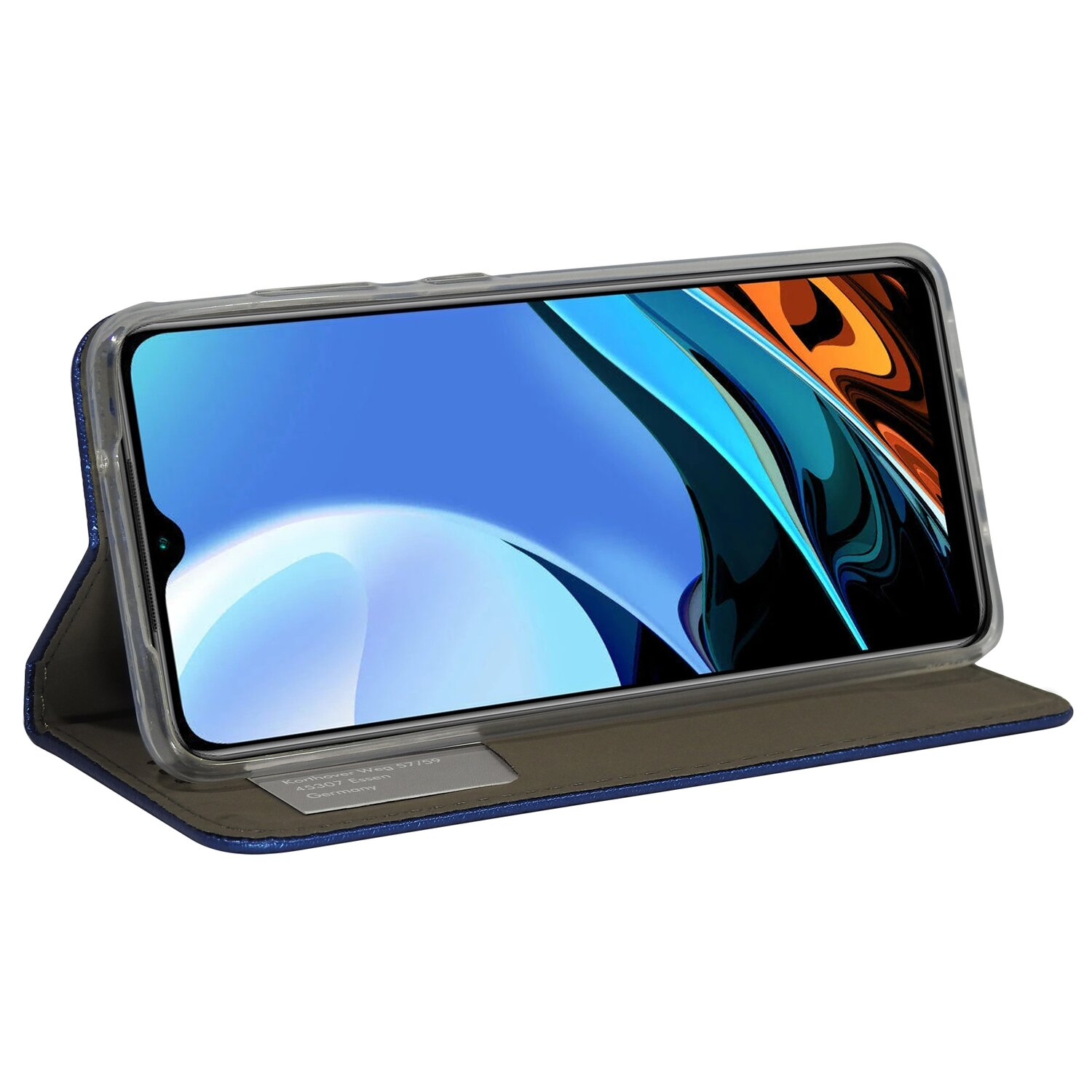 Smartphone in blauem Etui, offen, zeigt Bildschirm.