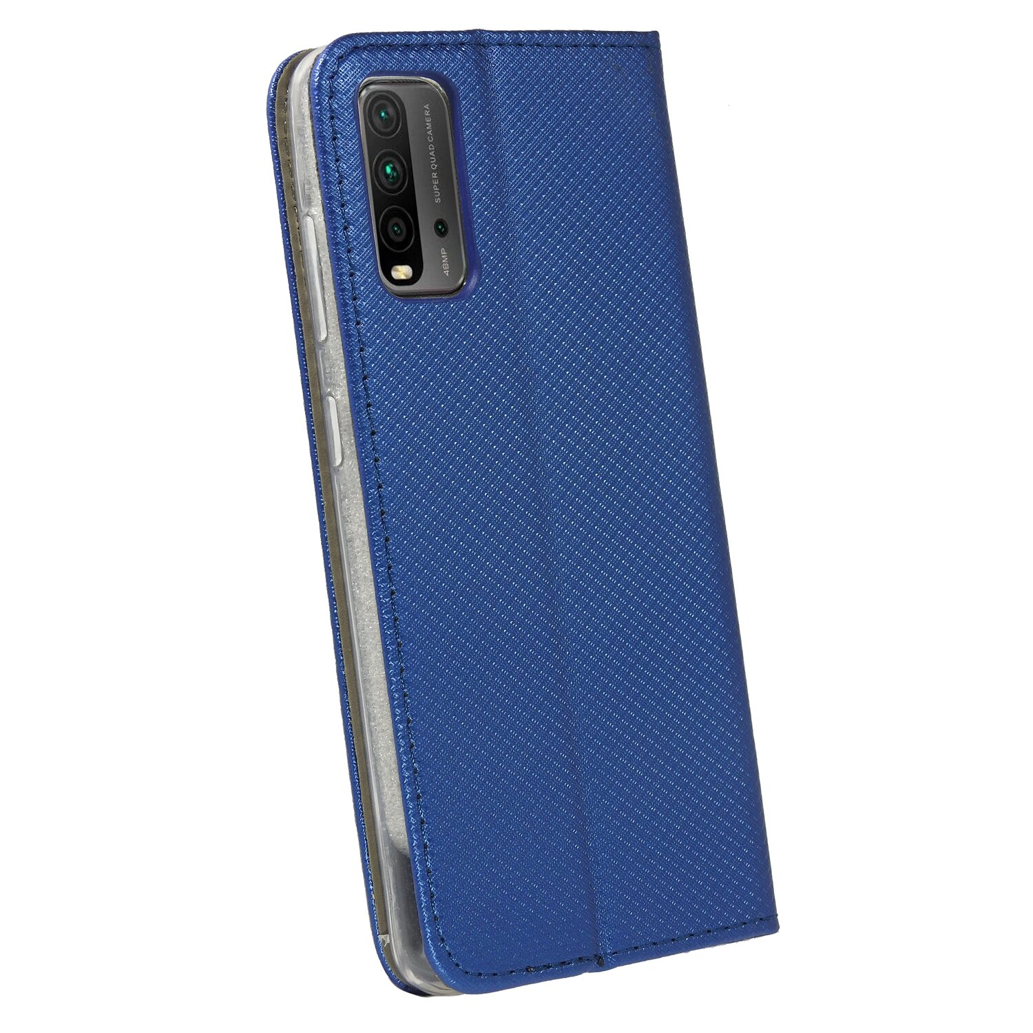 Blaue Handyhülle mit Telefon darin. Diamantmuster. Weißer Hintergrund.