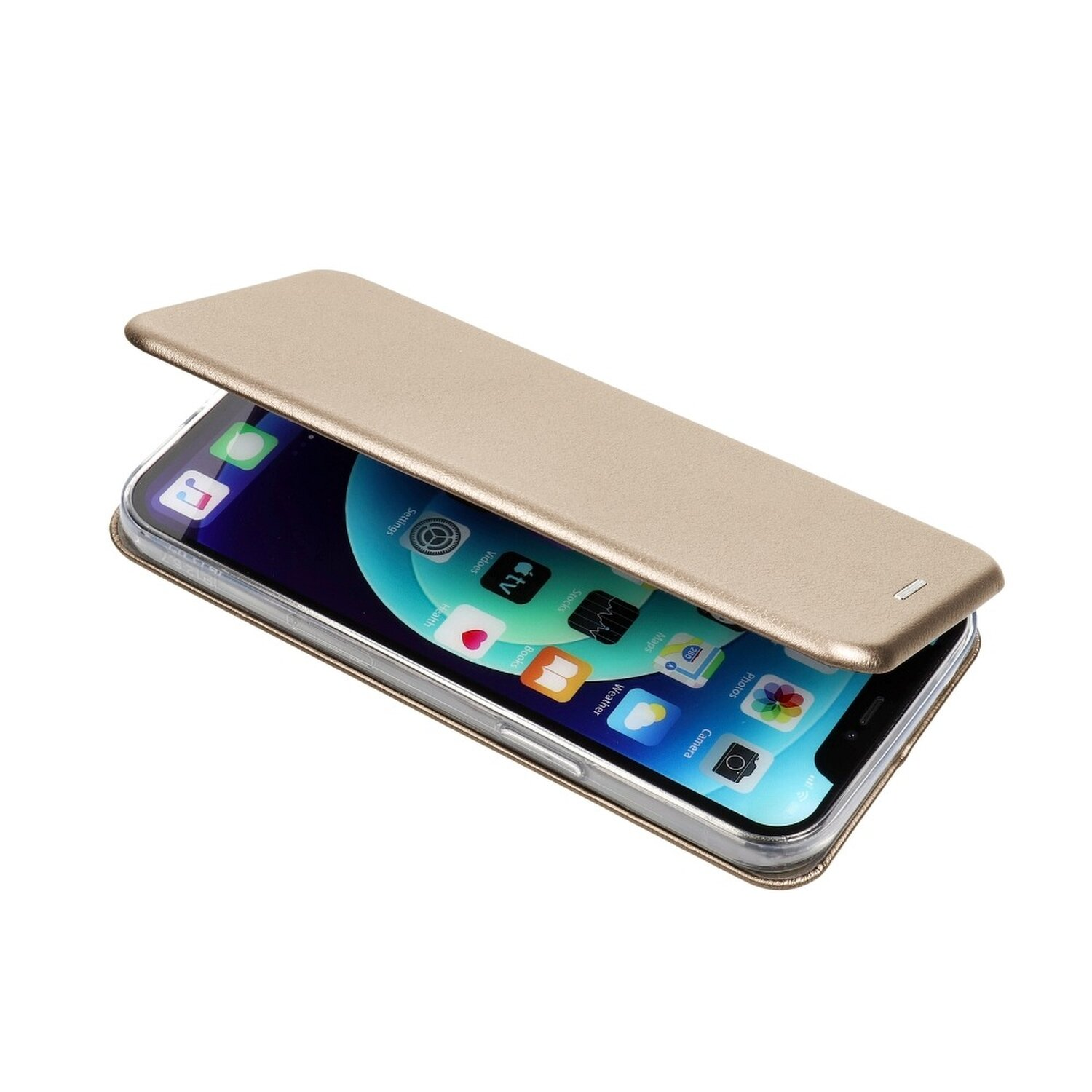 Ein Telefon mit goldener Hülle ist geöffnet und gibt den Bildschirm frei. Der Bildschirm zeigt einen Farbverlaufshintergrund und App-Symbole.