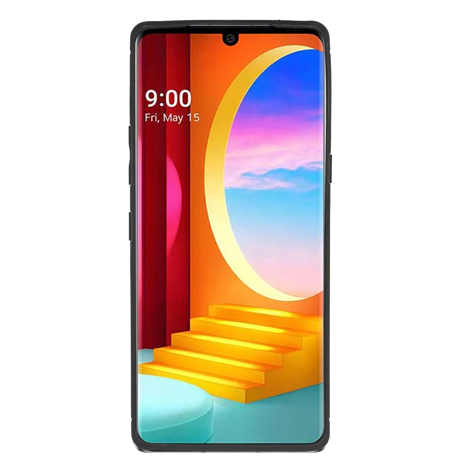 Ein schwarzes Telefon, das ein farbenfrohes Bild anzeigt. Das Telefon hat einen Rahmen und die Uhrzeit 9:00 wird angezeigt.