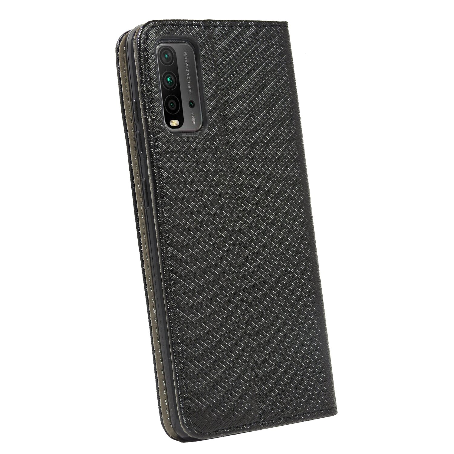 Schwarze Handyhülle mit strukturiertem Muster, aufgeklappt. Das Telefon hat eine Dreifachkamera.