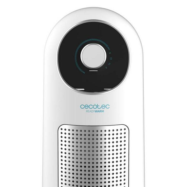 Biało-czarny grzejnik z pokrętłem i logo Cecotec ReadyWarm. Perforowany przód.